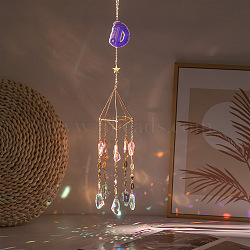 Glass Diamond Pendant Decorations, with Iron Finding and Raw Natural Amethyst, Hanging Suncatcher Home Decorations, Golden, 550x80mm(PW-WG92026-01)