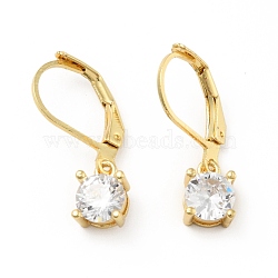 Clear Cubic Zirconia Flat Round Dangle Leverback Earrings, Brass Jewelry for Women, Real 18K Gold Plated, 23mm, Pin: 0.7mm(EJEW-B013-12)