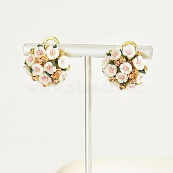 Plastic 3D Flower Hoop Earrings with Cubic Zirconia, Real 18K Gold Plated Alloy Earrings, White, 20mm(XJ8294-3)