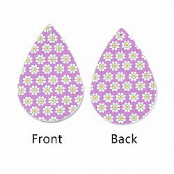 PU Leather Big Pendants, Easter Theme, teardrop, with Flower Pattern, Orchid, 55x35x2mm, Hole: 2mm(X-FIND-T058-A19)
