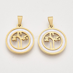 Religion Theme 201 Stainless Steel Pendants, with Shell and Random Size Snap on Bails, Flat Round with Word JESUS, Golden, 23x20x2mm, Hole: 7~10x3~5mm(X-STAS-N089-57G)