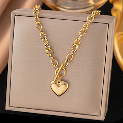 304 Stainless Steel Heart Pendant Cable Chain Necklaces for Women, with Toggle Clasps, Real 18K Gold Plated, 19.41 inch(49.3cm)(NJEW-C084-05G)