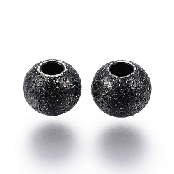 304 Stainless Steel Textured Beads, Round, Electrophoresis Black, 6x5mm, Hole: 2mm(X-STAS-P108-06B)