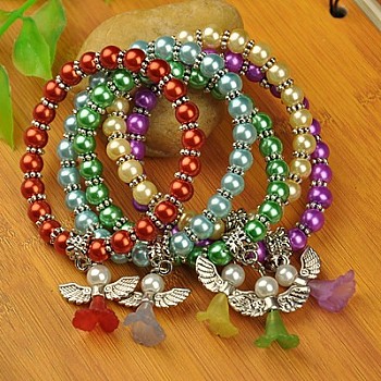 Lovely Wedding Dress Angel Bracelets for Kids, Carnival Stretch Bracelets, with Glass Pearl Beads and Tibetan Style Beads, Mixed Color, 45mm