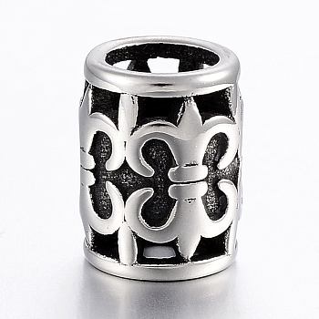 304 Stainless Steel Bead Enamel Settings, Large Hole Beads, Column with Fleur De Lis, Antique Silver, 12x9mm, Hole: 6mm