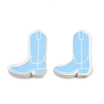 Printed Poplar Wood Beads, Cowboy Boot, Sky Blue, 19x16x6mm, Hole: 3mm