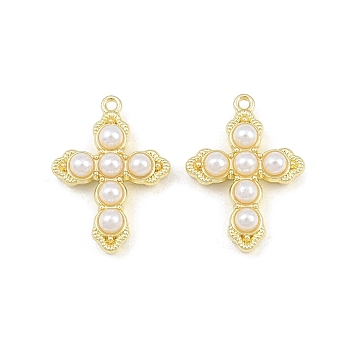 Alloy with ABS Plastic Imitation Pearl Pendants, Cross Charms, Rack Plating, Golden, 20x14.5x5mm, Hole: 1mm