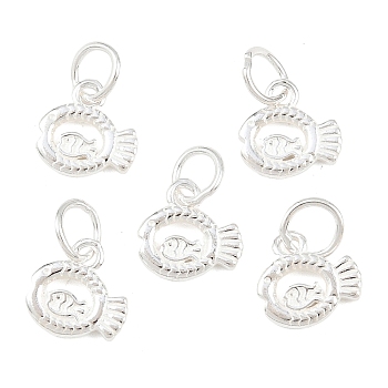 925 Sterling Silver Fish Charms, with Jump Rings and 925 Stamp, Silver, 8.5x9x1mm, Hole: 4mm