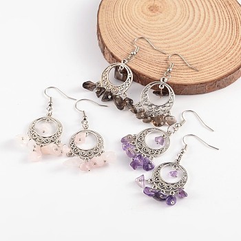 Antique Silver Plated Alloy Mixed Stone Dangle Chandelier Earrings, with Brass Earring Hooks, 54mm, Pin: 0.7mm