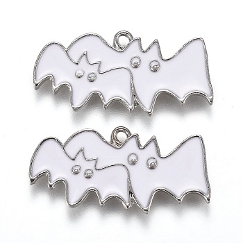 Halloween Theme Alloy Enamel Pendants, White Bat, Platinum, 13x27.5x1.5mm, Hole: 1.6mm