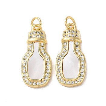Brass Micro Pave Cubic Zirconia Pendants, with Shell, Real 18K Gold Plated, Bottle, Clear, 23.5x10.5x3.5mm, Hole: 3mm