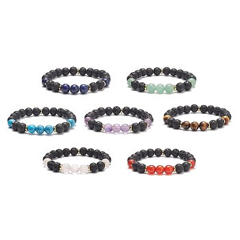 7Pcs 7 Style Natural Mixed Gemstone & Lava Rock Round Beaded Stretch Bracelets Set, Essential Oil Yoga Theme Stackable Bracelets for Women, Inner Diameter: 2-1/8 inch(5.4cm), 1Pc/style