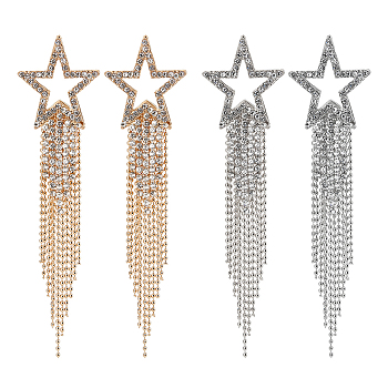 2 Pairs 2 Colors Alloy Hollow Star Dangle Stud Earrings, Crystal Rhinestone Tassel Earrings, Platinum & Light Gold, 103x26.5mm, 1 Pair/color