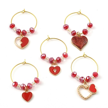 Valentine's Day Theme Heart Alloy Enamel Wine Glass Charms, with Glass Beads and Brass Hoop Earrings Findings, Red, 43.5~46x25x5.5~6mm