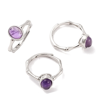 Oval Natural Amethyst Adjustable Rings, Brass Ring for Women, Long-Lasting Plated, Lead Free & Cadmium Free, Platinum, Inner Diameter: 18mm