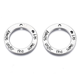 Tibetan Style Alloy Pendants, Cadmium Free & Lead Free, Ring with Words Always Under The Same Sky, Antique Silver, 25x1.5mm, Hole: 1.6mm, about 430pcs/1000g