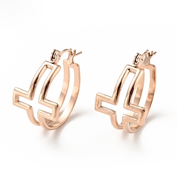Ion Plating(IP) 304 Stainless Steel Cross Hoop Earrings for Women, Rose Gold, 22x21x14mm, Pin: 0.8mm