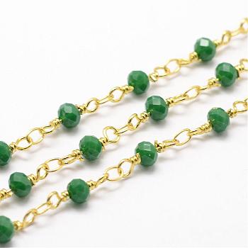 Handmade Glass Beaded Chains, with Spool, Unwelded, Faceted Rondelle, Imitation Jade, with Brass Findings, Golden, Sea Green, 4mm, about 32.8 Feet(10m)/roll