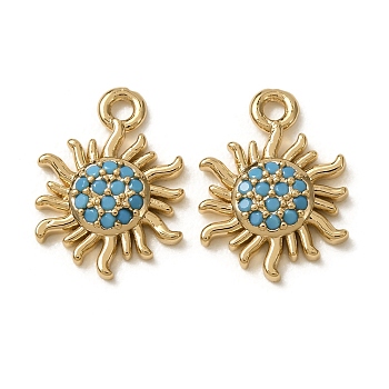 Synthetic Turquoise Pendants, Brass Sun Charms, Nickel Free, Real 18K Gold Plated, 13.5x10.5x2.5mm, Hole: 1.4mm