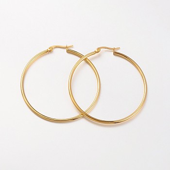 304 Stainless Steel Hoop Earrings, Hypoallergenic Earrings, Ring Shape, Real 18K Gold Plated, 12 Gauge, 50x2mm, Pin: 1x0.7mm
