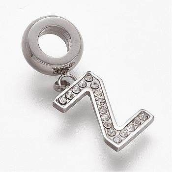 304 Stainless Steel European Dangle Charms, with Rhinestone, Letter.Z, 25mm, Hole: 4.5mm, 14.5x8x1.5mm