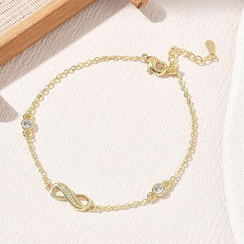 Brass Micro Pave Clear Cubic Zirconia Infinity Link Bracelets, Long-Lasting Plated, Rack Plating, Lead Free & Cadmium Free, Real 18K Gold Plated, 6.69 inch(17cm)