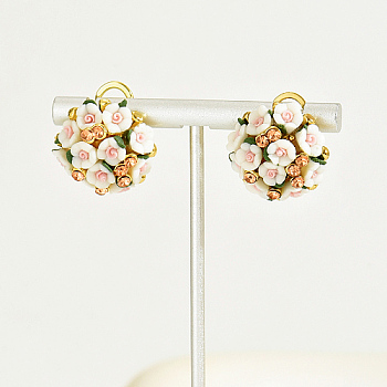 Plastic 3D Flower Hoop Earrings with Cubic Zirconia, Real 18K Gold Plated Alloy Earrings, White, 20mm