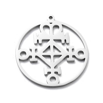 304 Stainless Steel Pendants, Laser Cut, Flat Round with Viking Love Rune Charm, Stainless Steel Color, 22x20x1mm, Hole: 1mm