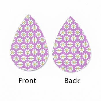 PU Leather Big Pendants, Easter Theme, teardrop, with Flower Pattern, Orchid, 55x35x2mm, Hole: 2mm