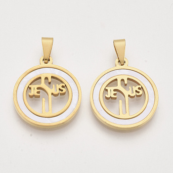 Religion Theme 201 Stainless Steel Pendants, with Shell and Random Size Snap on Bails, Flat Round with Word JESUS, Golden, 23x20x2mm, Hole: 7~10x3~5mm