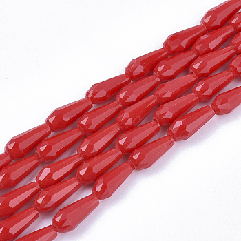 Opaque Solid Color Glass Beads Strands, Imitation Jade, Faceted, Teardrop, Red, 9~10x4mm, Hole: 1mm, about 72pcs/Strand, 26.38~27.17 inch(67~69cm)