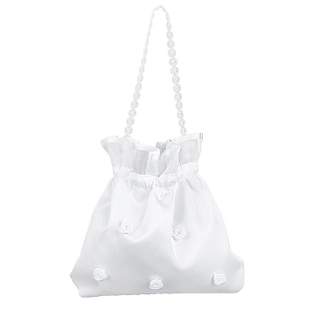Ribbon Bridal Wedding Money Bag, Satin Flower Decorated Handbag with Plastic Pearl, White, 198x215x1.5~11mm, Inner Diameter: 145x215mm