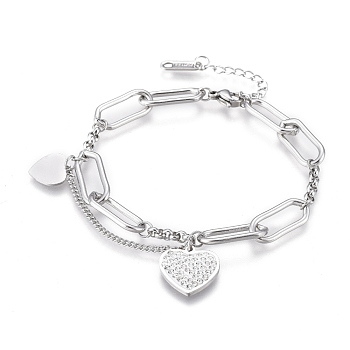304 Stainless Steel Charm Bracelets, Chain Bracelets, with Polymer Clay Rhinestone and Lobster Claw Clasps, Heart, Stainless Steel Color, 6-7/8 inch(17.5cm)