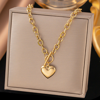 304 Stainless Steel Heart Pendant Cable Chain Necklaces for Women, with Toggle Clasps, Real 18K Gold Plated, 19.41 inch(49.3cm)