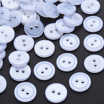 2-Hole Resin Buttons, Pearlized, Flat Round, Alice Blue, 14x2mm, Hole: 2mm