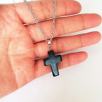 Synthetic Blue Goldstone Cross Pendant Necklace, Alloy Cable Chain Necklaces for Women, Platinum, 20.47 inch(52cm)