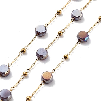 304 Stainless Steel Handmade Beaded Chain, with Electroplated Glass, with Spool, Soldered, Real 18K Gold Plated, Flat Round, Purple, 5.5x5.5x3.5mm, about 16.40 Feet(5m)/Roll