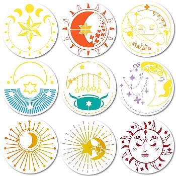 9Pcs 9 Styles PET Plastic Hollow Out Drawing Painting Stencils Templates, Round, Moon, 300mm, 1pc/style