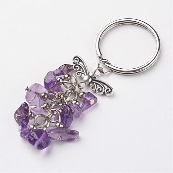 Natural Amethyst Keychain, with Tibetan Style Alloy Findings, Antique Silver and Platinum, 68mm