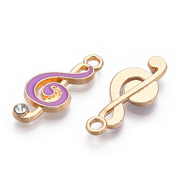 Alloy Enamel Pendants, with Crystal Rhinestone, Musical Note, Light Gold, Medium Orchid, 22x9x2mm, Hole: 1.5mm