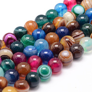 Natural Striped Agate/Banded Agate Bead Strands, Round, Dyed & Heated, Colorful, 8mm, Hole: 1mm, about 47~48pcs/strand, 14.5 inch(X-G-K155-A-8mm-12)