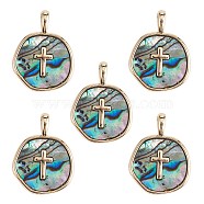 5Pcs Natural Abalone Shell/Paua Shell Pendants, with Real 18K Gold Plated Brass Findings, Cadmium Free & Lead Free, Long-Lasting Plated, Flat Round Charm, Cross Pattern, 18x13.5x2mm, Hole: 2x3mm(KK-SZ0002-38B)