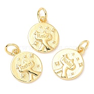 Rack Plating Brass Charms, Long-Lasting Plated, with Jump Ring, Lead Free & Cadmium Free, Flat Round with Word Reloi Charm, Real 18K Gold Plated, 13.5x10.5x1.5mm, Hole: 3mm(KK-A185-03G)