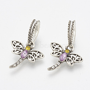 Alloy Rhinestone European Dangle Charms, Large Hole Pendants, Dragonfly, Violet & Yellow, Antique Silver, 26mm, Hole: 5mm(MPDL-Q209-070AS)