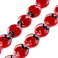 Transparent Acrylic Beads Strands, with Enamel, Flat Round with Ladybird, Red, 15x5mm, Hole: 1.2mm, about 35pcs/strand, 20.67 inch(52.5cm)(ACRC-T011-02)