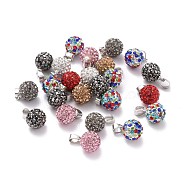 Polymer Clay Rhinestone Pendants, with Platinum Tone Iron Pinch Bail, Round, Mixed Color, PP10(1.6~1.7mm), 13x10mm, Hole: 5x3mm(RB-S055-12C-M)