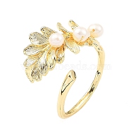 Brass Leaf Open Cuff Ring with Natural Pearl Beaded for Women, Real 14K Gold Plated, Inner Diameter: 19mm(RJEW-K090-02G)