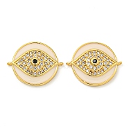 Rack Plating Brass Micro Pave Clear Cubic Zirconia Eye Connector Charms, with Enamel, Real 18K Gold Plated, Lead Free & Cadmium Free, Long-Lasting Plated, White, 16x13x3.5mm, Hole: 0.8mm(KK-Z063-20G-01)