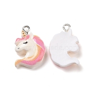 Opaque Resin Pendants, with Glitter Powder and Platinum Tone Iron Loops, Unicorn Charm, Pearl Pink, 22.5x15.5x6mm, Hole: 2mm(X-RESI-J023-12A)