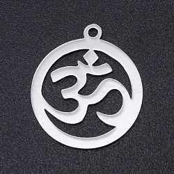 Chakra Theme, 201 Stainless Steel Laser Cut Pendants, Ring with Aum/Ohm, Stainless Steel Color, 23x20x1mm, Hole: 2mm(STAS-S105-T975-1)